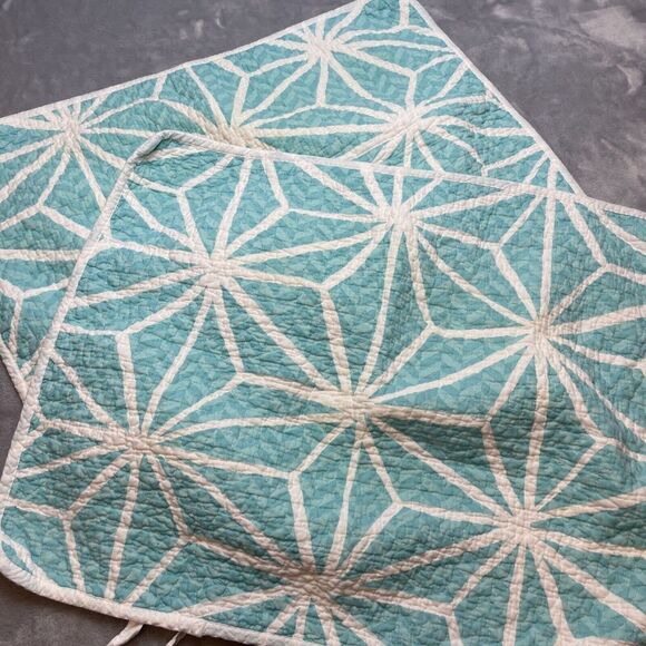 Sanibel Home Pillow Shams (2) Set Standard Turquoise Geometric Quilted Tie Back - Picture 2 of 9